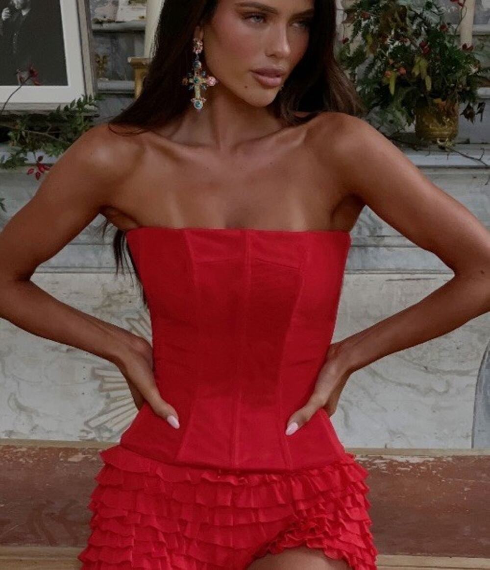 NWT OUTCAST SOLA Red Mesh Corset Top Bustier Size M Resort Strapless Clean Girl